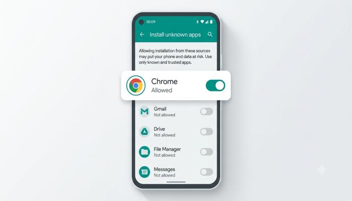 Step-by-step screenshot-style illustration showing the Android settings screen enabling "Install Unknown Apps" for Chrome.