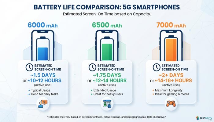 Battery comparison infographic showing 6000mAh vs 6500mAh vs 7000mAh with estimated screen-on time.