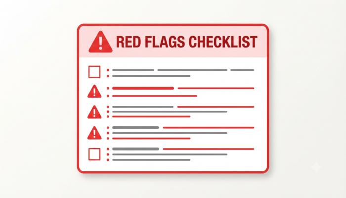 A simple checklist-style graphic with a warning-triangle icon next to each red flag bullet, styled like a caution card.