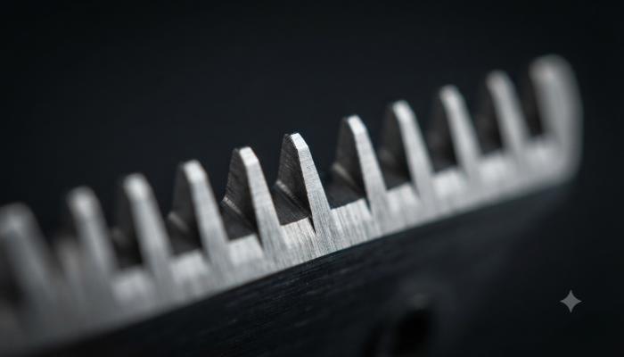 Macro close-up shot of trimmer blade teeth showing the gap/width detail mentioned in the pro tip