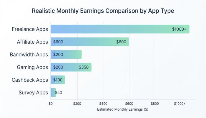 A clean horizontal bar chart comparing realistic monthly earnings across the six app types listed in the table.