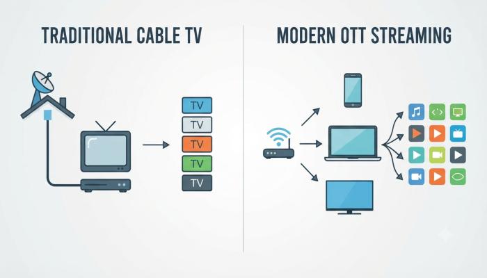 Comparison diagram showing how OTT apps stream content over the internet versus traditional cable TV