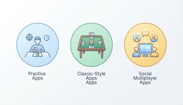 A simple 3-icon comparison graphic representing practice apps, classic-style apps, and social multiplayer apps, each with a small representative icon