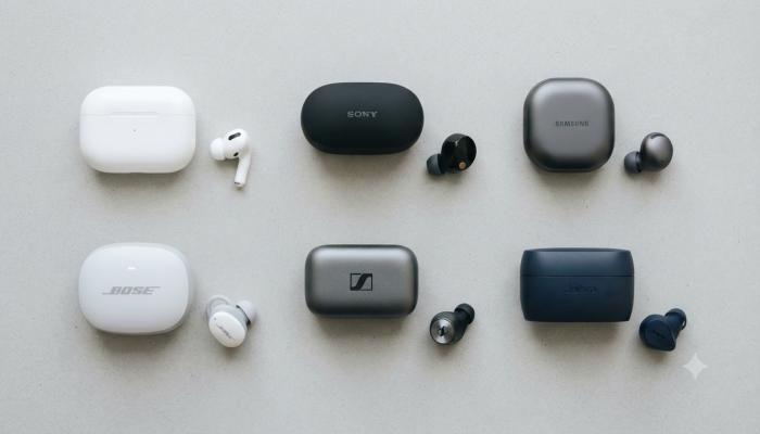 A comparison flat-lay of earbuds from boAt, OnePlus, Samsung, Apple, Noise, and JBL on a neutral background.