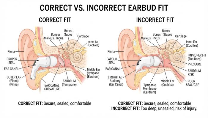 Diagram showing correct vs. incorrect ear tip seal with labels — useful for the ANC section.