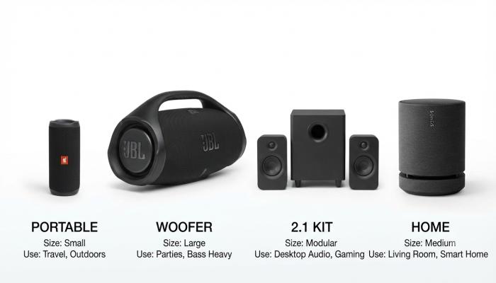 Four types of Bluetooth speakers compared side by side — portable, woofer, 2.1 kit, and home speaker