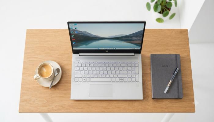 HP laptop open on desk for everyday student and office use