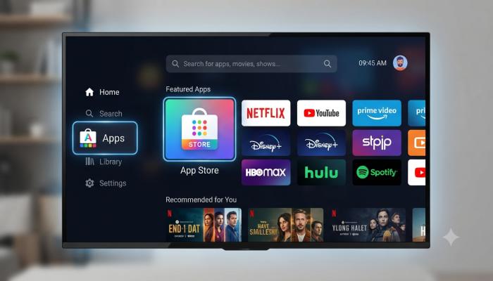 A mockup of a Smart TV home screen highlighting the app store icon and a search bar
