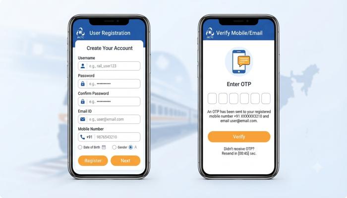 Side-by-side mobile screens showing the IRCTC Rail Connect app registration form and the OTP verification screen.