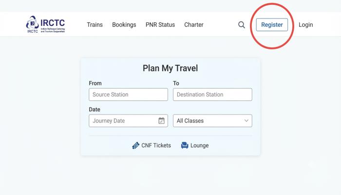 IRCTC website homepage showing the Register button for new account creation