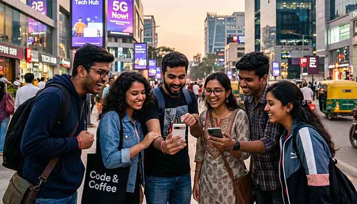 Group of young Indian technology lovers exploring gadgets and apps on TeckJB Com platform
