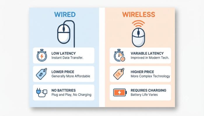 A simple side-by-side infographic icon graphic showing a cable icon vs a wireless signal icon with 3 key stats each (latency, price, maintenance)
