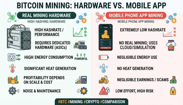 Infographic comparing real crypto mining vs. mobile mining apps