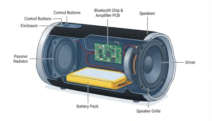 A cross-section diagram of a Bluetooth speaker showing driver, passive radiator, battery, and Bluetooth chip placements.