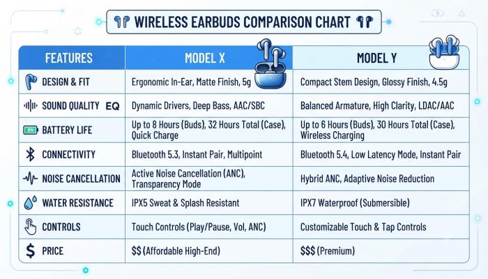 Side-by-side graphic of JBL Quantum TWS vs. AirPods with key spec callouts highlighted.