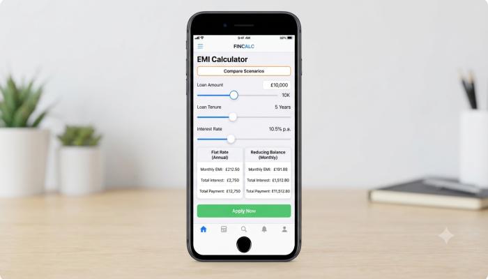 Screenshot-style mock of a loan EMI calculator interface showing APR vs flat rate difference.