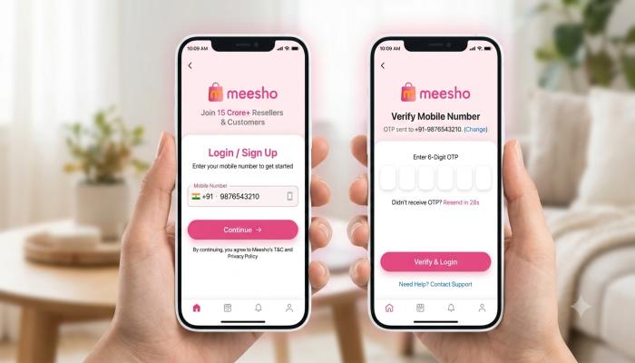 Clean mockup of the Meesho login screen showing the phone number entry and OTP verification step on a smartphone.