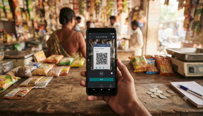 Person scanning a UPI QR code on a smartphone at an Indian local store