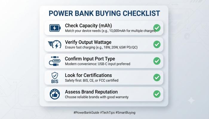 A clean checklist card showing 5 things to verify before purchasing a power bank — capacity, output wattage, input port type, certification, and brand.