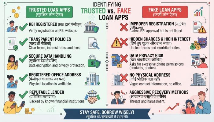 Side-by-side comparison visual of RBI-compliant vs predatory loan app warning signs.