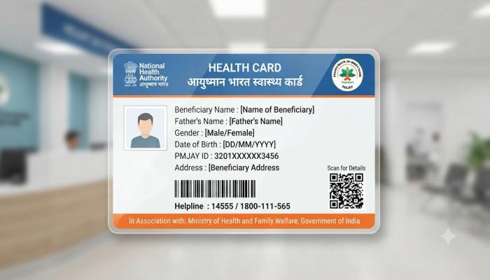 A sample Ayushman Card (mockup/generic) showing the card format with the NHA logo, beneficiary name field, and PMJAY ID.
