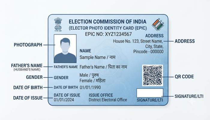 Sample Indian Voter ID card (EPIC card) showing labeled fields including name photo and EPIC number