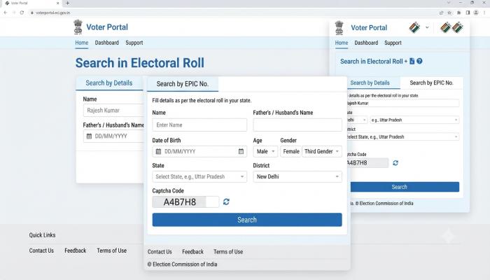 A step-by-step screenshot walkthrough (composite image) showing the "Search in Electoral Roll" section of the official Voter Portal.