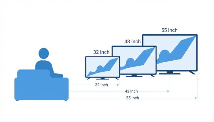 Smart TV size comparison chart showing 32 inch, 43 inch, and 55 inch viewing distances