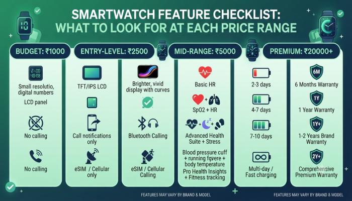 Infographic showing smartwatch feature checklist — what to look for at each price range (display type, calling, health sensors, battery, warranty).