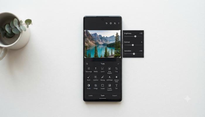 Description: Screenshot collage showing the Snapseed editing interface on an Android phone with tools panel open.