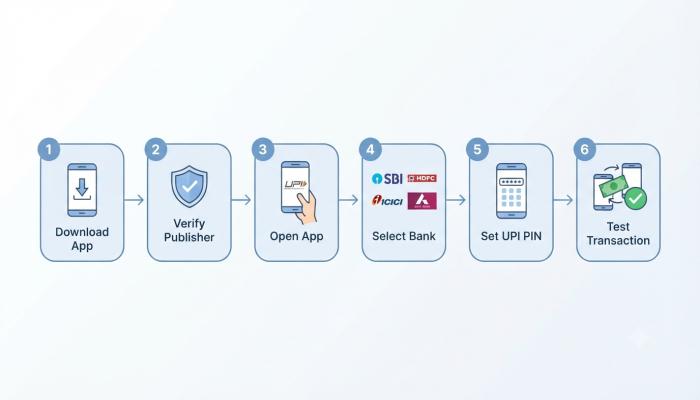 Step-by-step flowchart showing how to download and set up a UPI app