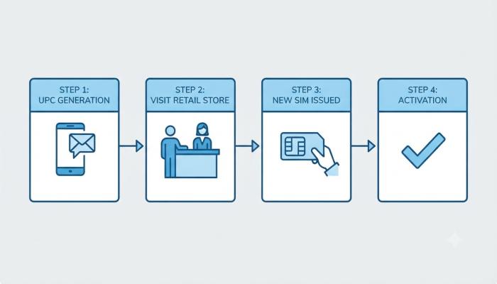 Step-by-step flowchart showing how to port a SIM number from UPC generation to activation