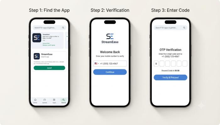 Step-by-step screenshot guide for downloading and logging into an OTT app on Android