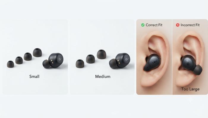 Three panels showing small, medium, and large silicone ear tips next to an earbud, with a close-up of correct vs. incorrect fit.