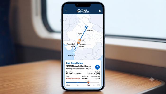 Train tracking app showing live running status on map between Delhi and Mumbai