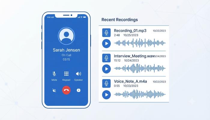 call recording app showing saved audio files on Android smartphone