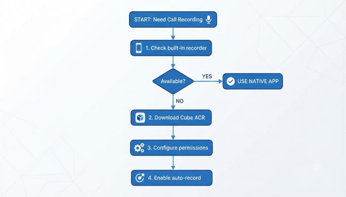 A step-by-step flowchart showing the decision path from "Does your phone have built-in recording?" to choosing the right app.