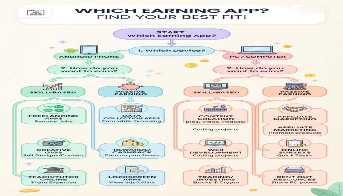 A flowchart showing the decision path: "Which earning app is right for me?" — branching by device (Android/PC), investment willingness, and skill level