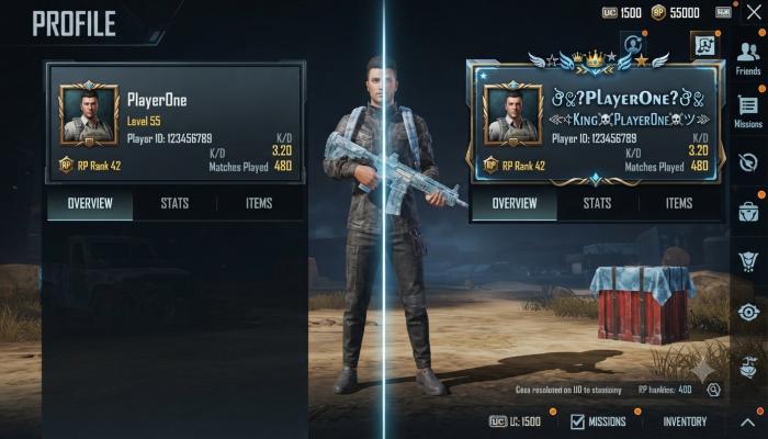 BGMI name style comparison between plain and stylized in-game name