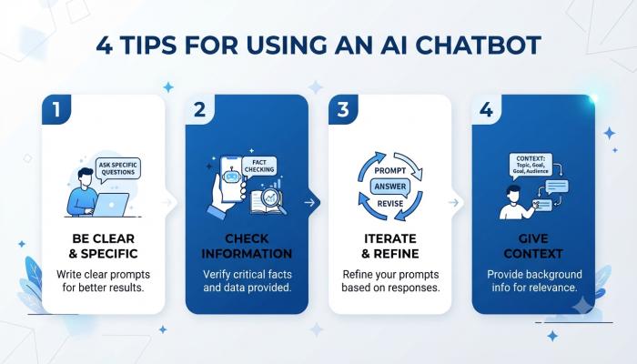 Infographic showing 4 pro tips for beginners on how to get better results from Claude AI