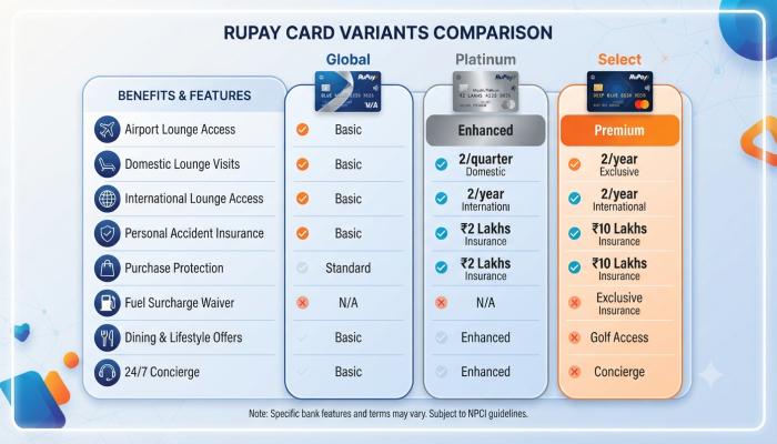 RuPay Platinum vs Select vs Global card benefits comparison table