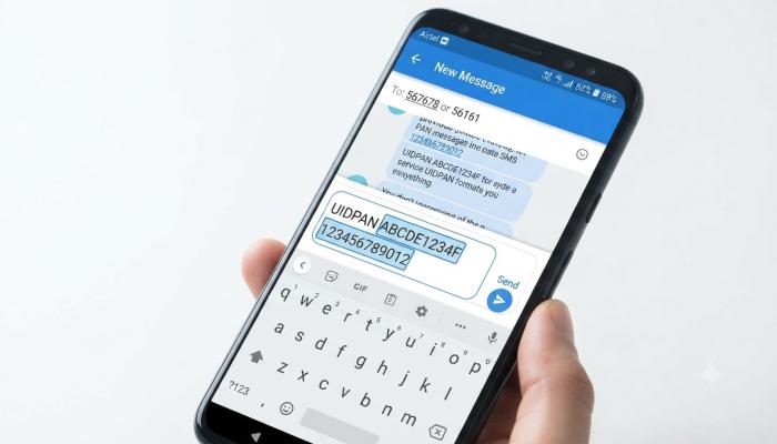 A phone screen mockup showing how to format the UIDPAN SMS with highlighted PAN and Aadhaar number fields