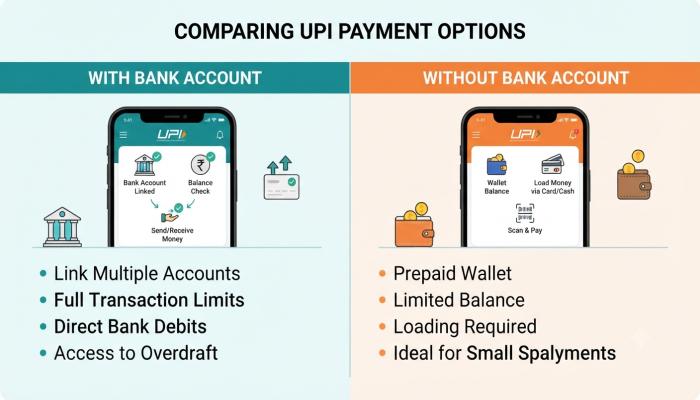 UPI payment app options with and without a bank account comparison
